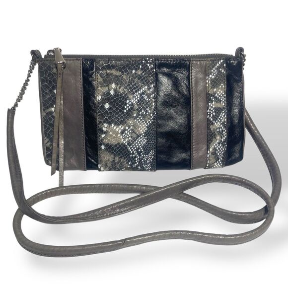 Vintage Hobo Crossbody Shoulder Bag WOC Grey Snake Print Genuine Leather 9x5 in - Picture 1 of 8